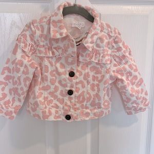 Mudpie Baby/toddler girl pink leopard jean jacket with ruffles 12-18 months